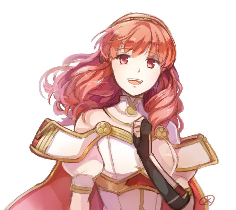 arm_guards bare_shoulders black_gloves breastplate celica_(fire_emblem) commentary detached_collar fingerless_gloves fire_emblem fire_emblem_echoes:_mou_hitori_no_eiyuuou gloves hairband long_hair open_mouth red_eyes red_hair simple_background solo white_background yukimiyuki