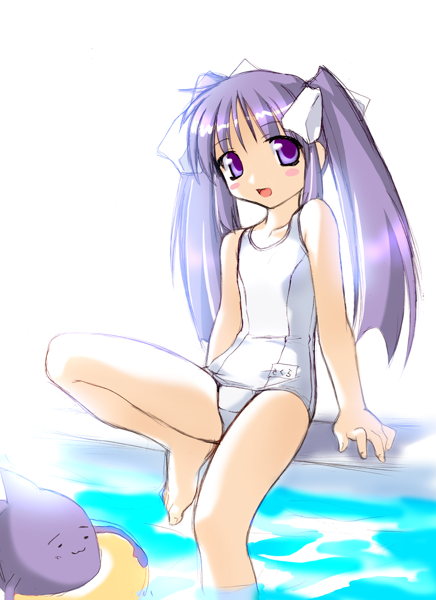 1girl barefoot blush blush_stickers female innertube long_hair looking_at_viewer matching_hair/eyes name_tag norizou_type-r one-piece_swimsuit pool purple_eyes purple_hair school_swimsuit swimsuit twintails water white_swimsuit