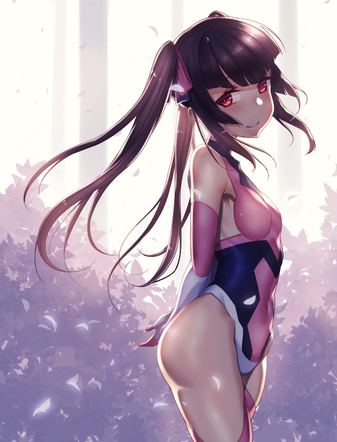 arms_behind_back ass backlighting bangs bare_shoulders black_hair black_leotard blunt_bangs blurry blush breasts bush closed_mouth commentary_request covered_navel cowboy_shot depth_of_field elbow_gloves eyebrows_visible_through_hair falling_petals from_side gloves hair_ribbon halterneck hips legs_together leotard light_smile long_hair looking_at_viewer looking_to_the_side magical_girl multicolored multicolored_clothes multicolored_gloves multicolored_leotard outdoors petals pink_gloves pink_legwear pink_leotard pink_ribbon red_eyes ribbon senki_zesshou_symphogear shiny shiny_hair shiny_skin sidelocks skin_tight skindentation small_breasts smile solo standing straight_hair thighhighs thighs tree tsukamoto_kensuke tsukuyomi_shirabe turtleneck twintails white_gloves