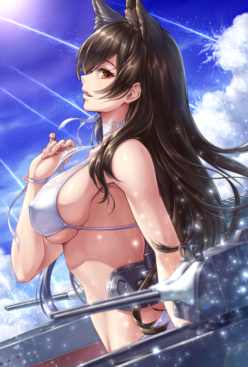 animal_ears armpits atago_(azur_lane) azur_lane bangs bare_shoulders bikini bikini_tug black_hair blue_sky blush breasts brown_eyes cannon cloud commentary_request covered_nipples day extra_ears eyebrows_visible_through_hair from_side hair_between_eyes hair_ribbon halterneck head_tilt highres large_breasts long_hair looking_at_viewer machinery mole mole_under_eye open_mouth outdoors ribbon rigging ryou_(pix_gallerio) sideboob sidelocks skindentation sky smile solo splashing sunlight swept_bangs swimsuit turret upper_body water water_drop white_bikini white_ribbon wristband