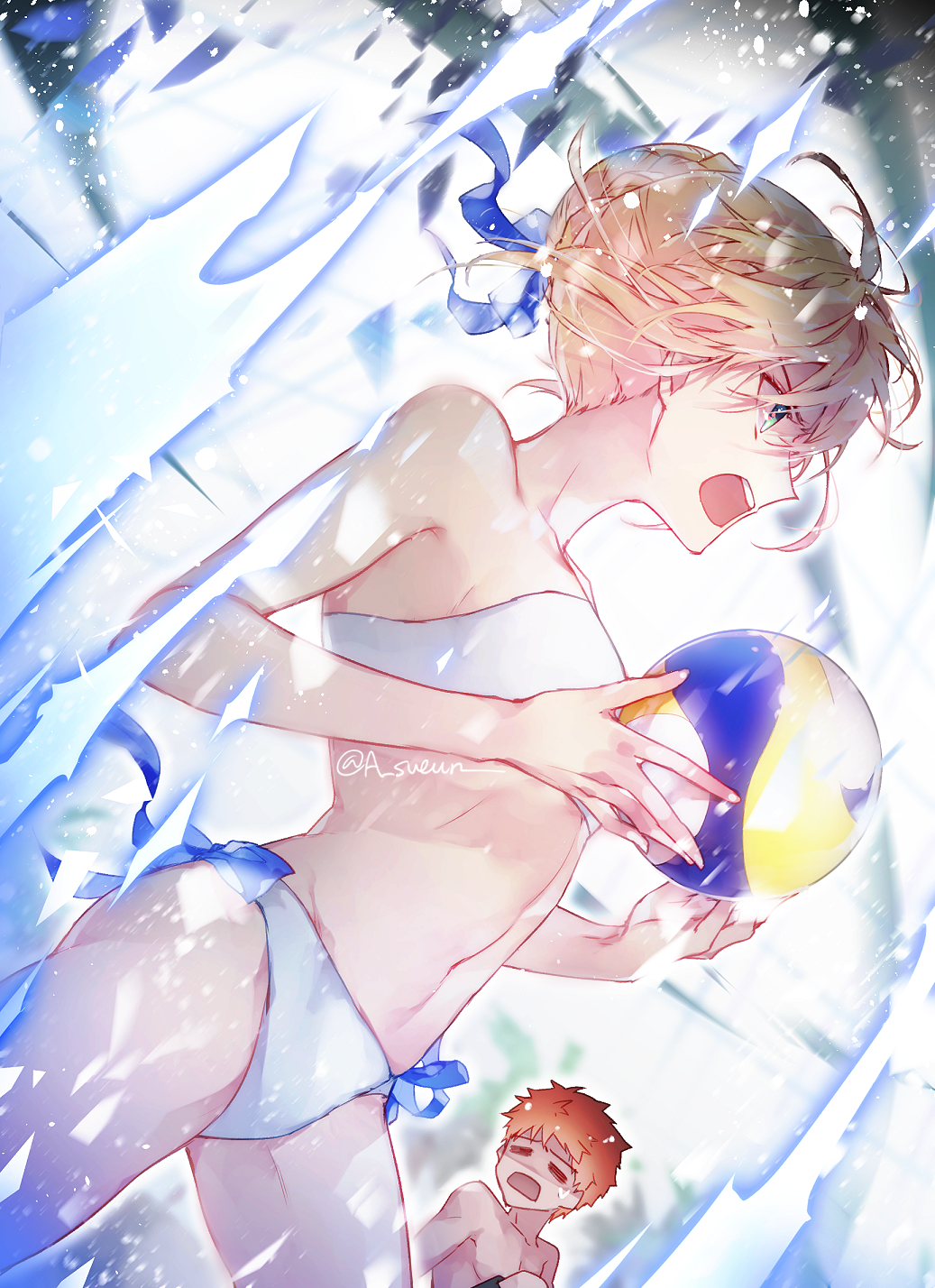 1girl =_= ahoge artoria_pendragon_(all) aura ball bangs bare_arms bare_shoulders bikini blonde_hair blue_bow blue_ribbon bow bow_bikini braid breasts commentary cowboy_shot d: dutch_angle emiya-san_chi_no_kyou_no_gohan emiya_shirou eyebrows_visible_through_hair facing_another fate/stay_night fate_(series) french_braid glowing green_eyes groin_tendon h_sueun hair_bow hair_bun hair_ribbon highres holding holding_ball korean_commentary light_particles looking_afar looking_away navel open_mouth orange_hair profile ribbon saber scared shaded_face shiny shiny_hair short_hair sidelocks small_breasts solo_focus stomach sweat swimsuit twitter_username upper_teeth v-shaped_eyebrows volleyball white_bikini zelovel