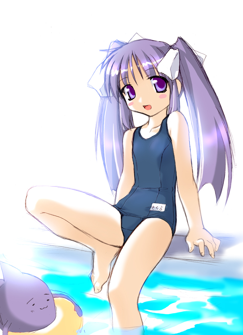 1girl barefoot blush blush_stickers female innertube long_hair looking_at_viewer matching_hair/eyes name_tag norizou_type-r one-piece_swimsuit pool purple_eyes purple_hair school_swimsuit swimsuit twintails water