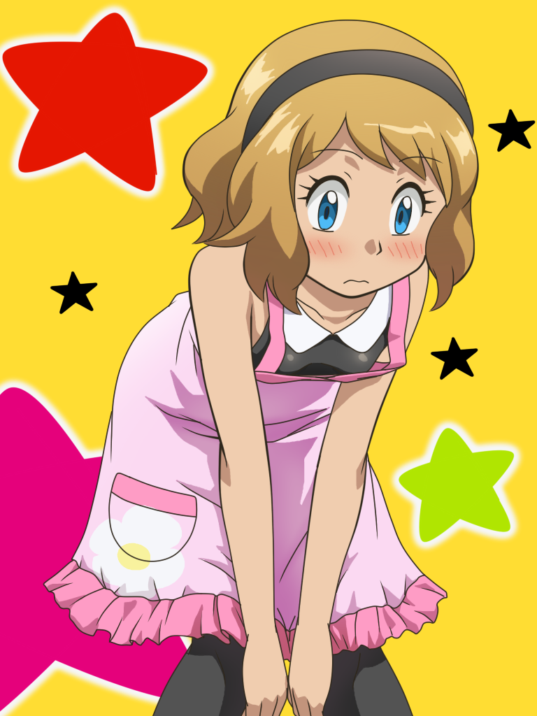 1girl apron awa bare_shoulders black_hairband black_legwear black_shirt blonde_hair blue_eyes blush breasts collarbone downblouse eyebrows_visible_through_hair female hairband hands_on_own_knees leaning_forward leggings looking_down pink_apron pokemon pokemon_(anime) pokemon_xy_(anime) serena_(pokemon) shiny shiny_hair shirt short_hair sleeveless sleeveless_shirt small_breasts solo standing star v_arms yellow_background
