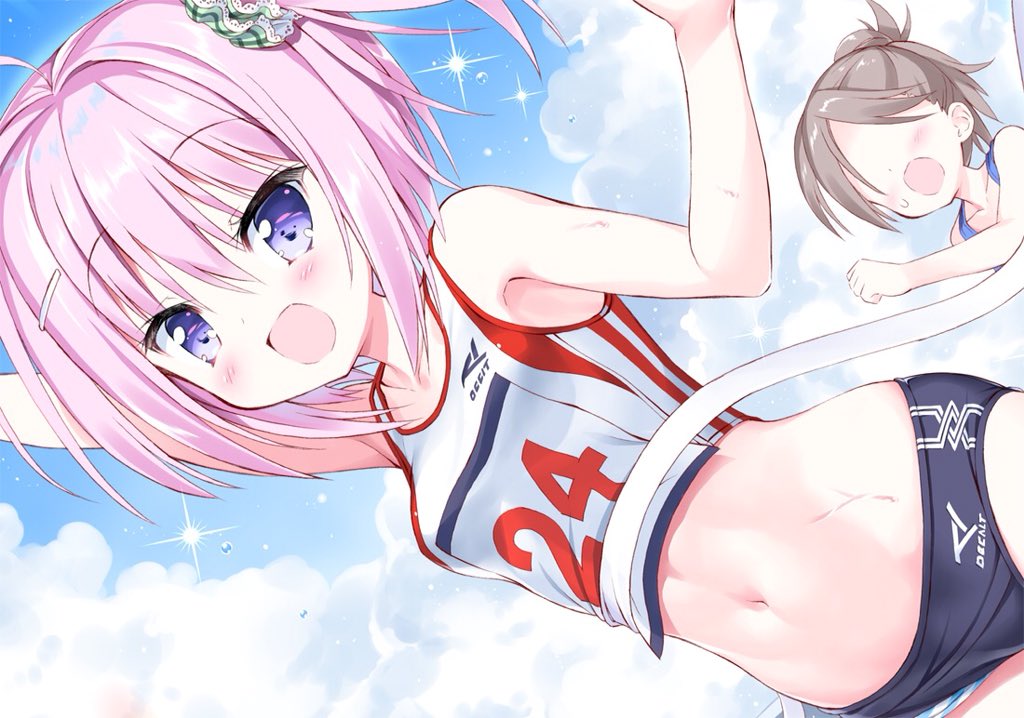 armpits arms_up breasts brown_hair buruma clenched_hand cloud commentary_request crop_top faceless faceless_female finish_line hair_bun hair_ornament hairclip long_hair midriff multiple_girls navel open_mouth original panties panties_under_buruma panty_peek pink_eyes pink_hair running scrunchie short_hair side_ponytail sky small_breasts smile sports_bikini striped striped_panties sweat takahashi_tetsuya tank_top track_and_field underwear upper_body