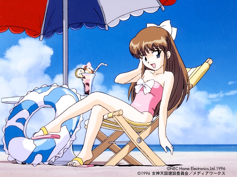 90s bare_shoulders beach beach_umbrella blue_eyes bow brown_hair collarbone company_name copyright crossed_legs dated day hair_ribbon hand_to_head innertube long_hair looking_at_viewer megami_paradise official_art one-piece_swimsuit open_mouth outdoors parfait pastel_(megami_paradise) pink_swimsuit ribbon sandals sitting swimsuit umbrella