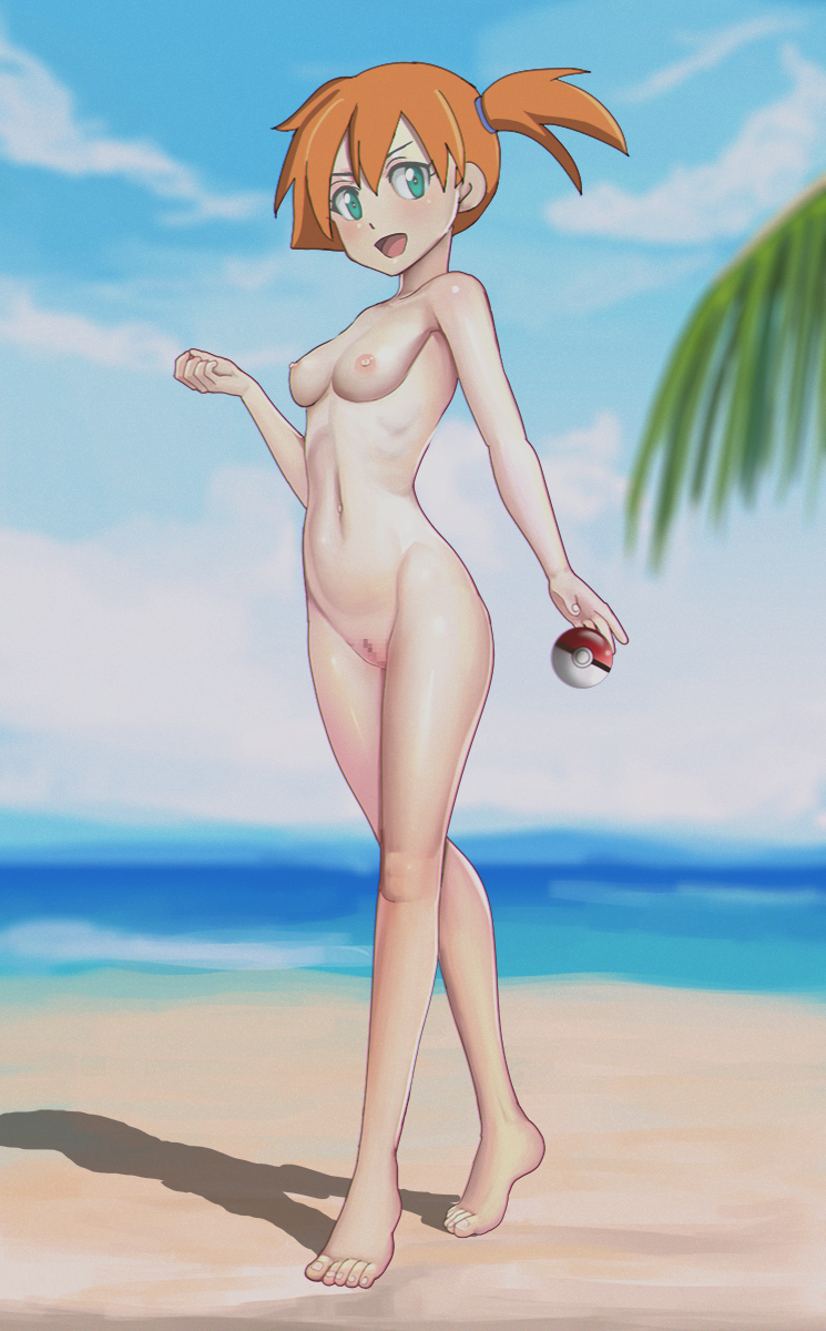 :d aqua_eyes armad barefoot beach blue_sky blurry blurry_background breasts brown_hair censored cloud day full_body hair_between_eyes highres jpeg_artifacts kasumi_(pokemon) looking_at_viewer mosaic_censoring navel nipples nude ocean one_side_up open_mouth outdoors palm_tree poke_ball pokemon pokemon_(anime) pokemon_(classic_anime) pussy shadow sky small_breasts smile solo standing tree