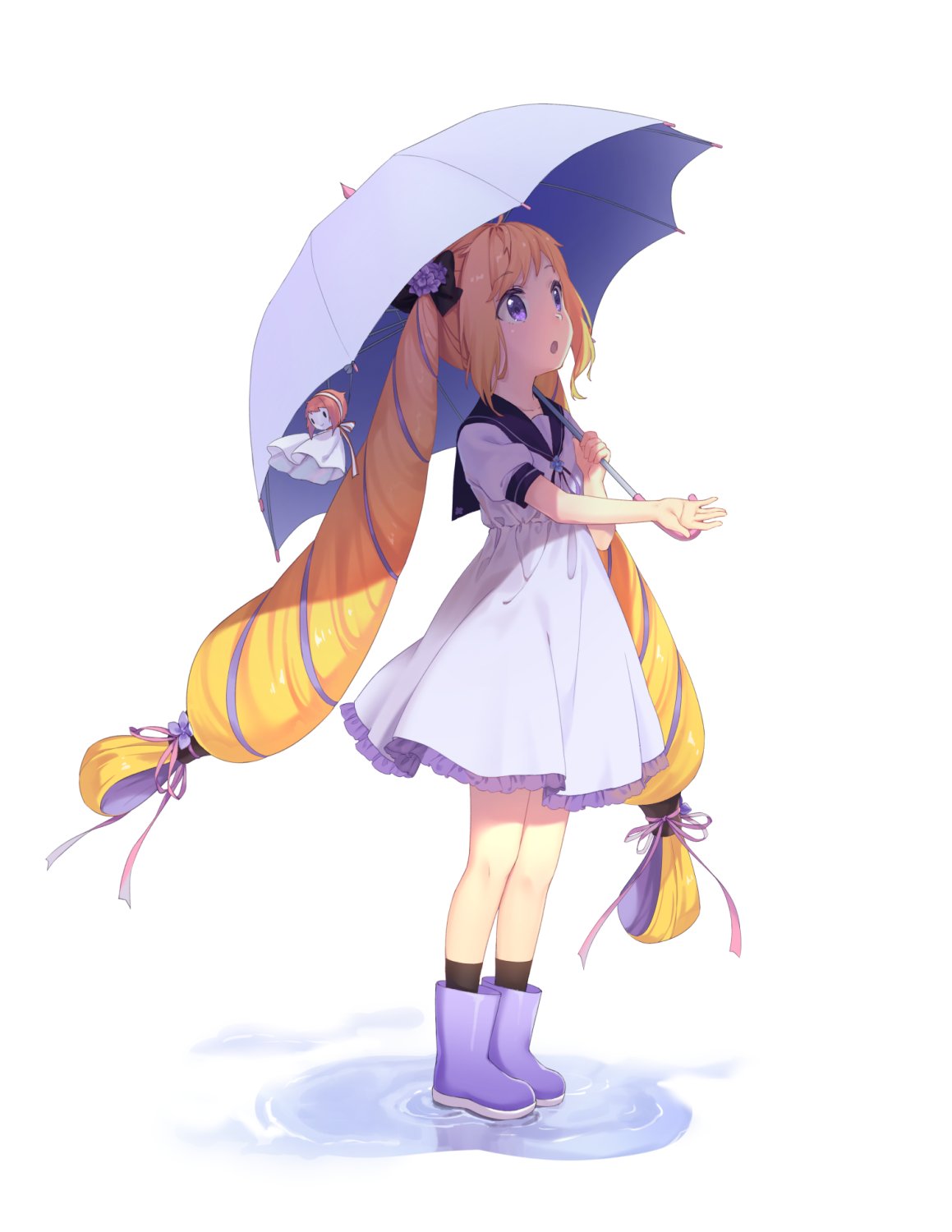 :o black_bow black_legwear black_sailor_collar blonde_hair blue_umbrella boots bow character_doll dress elise_(fire_emblem_if) fire_emblem fire_emblem_if flower hair_bow hair_flower hair_ornament hair_ribbon highres holding holding_umbrella long_hair looking_away parted_lips puddle purple_eyes purple_flower purple_footwear purple_ribbon ribbon rubber_boots sailor_collar sailor_dress sidelocks simple_background socks solo standing teruterubouzu transistor twintails umbrella very_long_hair water white_background white_dress