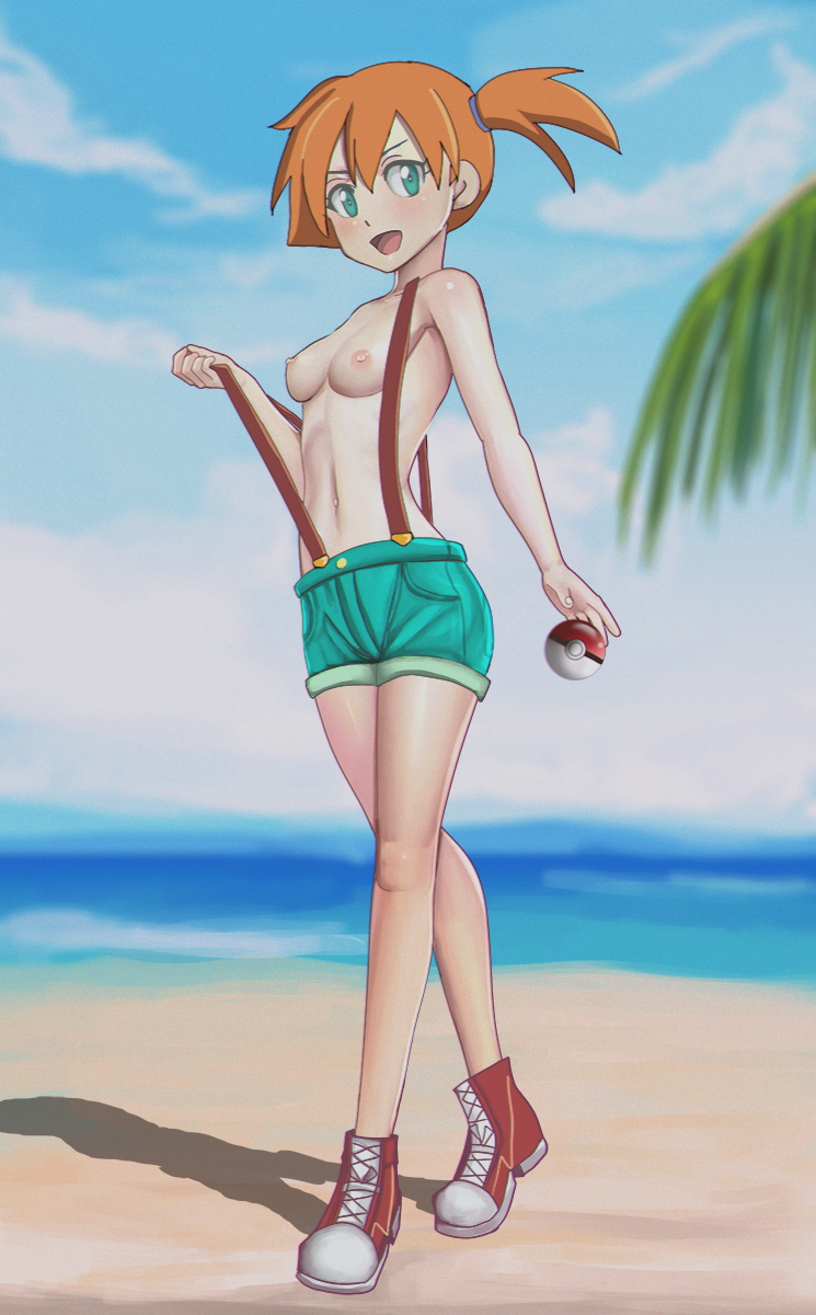 1girl aqua_eyes aqua_shorts armad beach blue_sky blush breasts cloud day denim denim_shorts female full_body hair_tie hand_up kasumi_(pokemon) looking_at_viewer navel nipples ocean open_mouth orange_hair outdoors palm_tree poke_ball poke_ball_(generic) pokemon pokemon_(anime) pokemon_(classic_anime) red_footwear shiny shiny_skin shoes short short_hair short_shorts side_ponytail sky small_breasts smile solo standing suspenders suspenders_pull tied_hair topless tree water