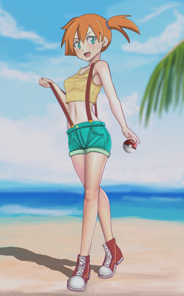 :d aqua_eyes aqua_shorts armad beach blue_sky blurry blurry_background blush boots brown_hair cloud collarbone crop_top day full_body hair_between_eyes hair_ornament highres kasumi_(pokemon) looking_at_viewer midriff navel one_side_up open_mouth palm_tree poke_ball pokemon pokemon_(anime) pokemon_(classic_anime) shadow shiny shiny_skin short_hair shorts sky sleeveless smile solo standing stomach suspender_shorts suspenders tree yellow_tank_top