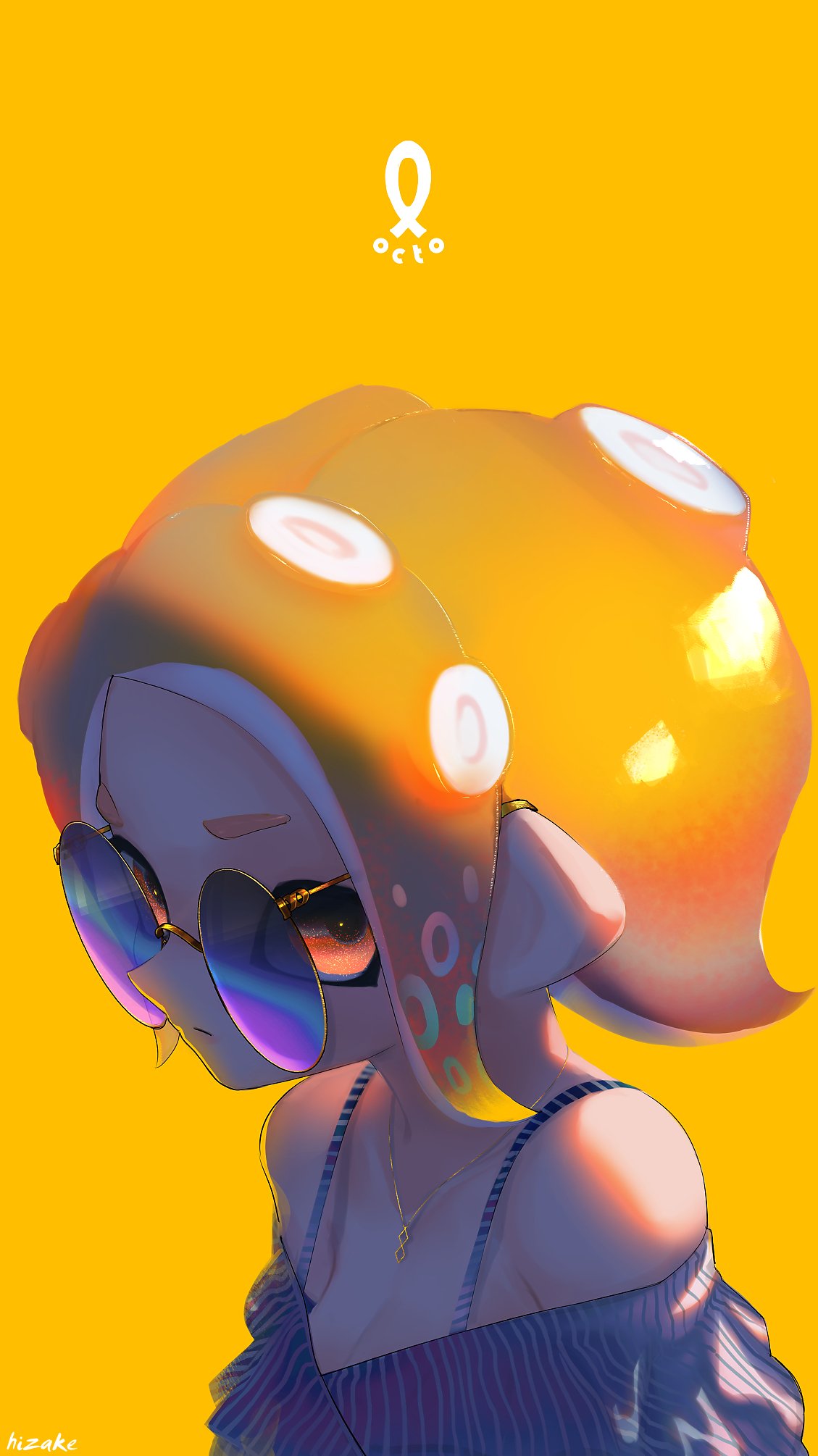 bare_shoulders breasts cleavage closed_mouth collarbone highres jewelry kashu_(hizake) light looking_at_viewer monster_girl necklace octarian octoling off_shoulder orange_background orange_eyes orange_hair pointy_ears round_eyewear shade short_hair sideways_glance signature simple_background solo splatoon_(series) splatoon_2 splatoon_2:_octo_expansion strap_gap striped suction_cups sunglasses tentacle_hair upper_body