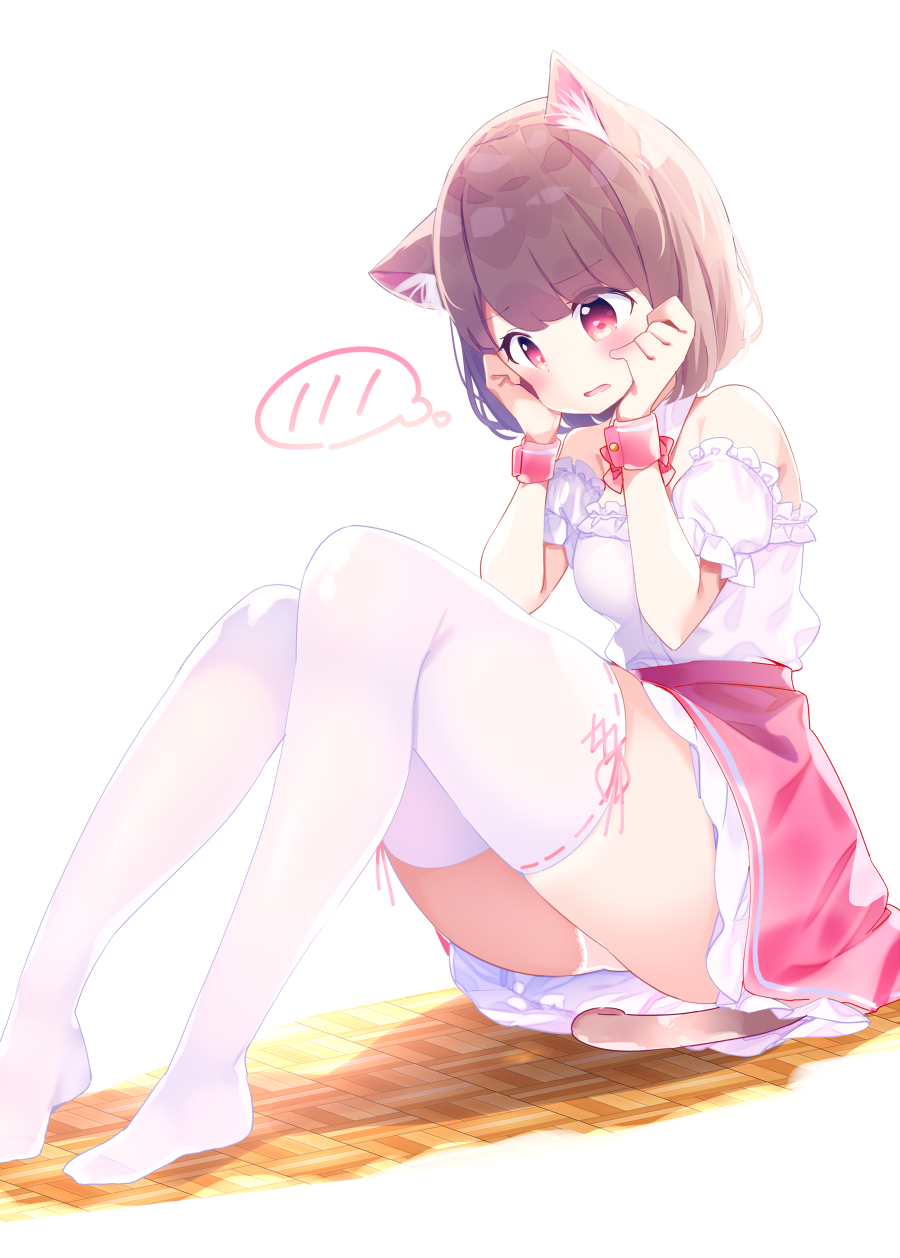 animal_ears bangs blush brown_hair cat_ears cat_girl cat_tail chikuwa. commentary_request eyebrows_visible_through_hair hands_on_own_cheeks hands_on_own_face highres looking_away no_shoes off-shoulder_shirt on_floor original panties parted_lips puffy_short_sleeves puffy_sleeves red_eyes red_skirt ribbon-trimmed_legwear ribbon_trim shirt short_hair short_sleeves sitting skirt solo spoken_blush tail thighhighs underwear white_background white_legwear white_panties white_shirt wooden_floor wrist_cuffs