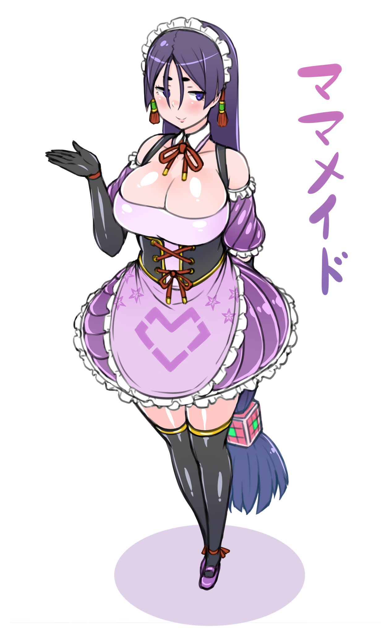 adapted_costume apron black_legwear blush breasts cleavage commentary_request eyebrows_visible_through_hair fate/grand_order fate_(series) frilled_apron frills highres large_breasts long_hair low-tied_long_hair maid maid_headdress minamoto_no_raikou_(fate/grand_order) puffy_sleeves purple_eyes purple_hair rei_(rei_rr) simple_background smile solo thighhighs very_long_hair waist_apron