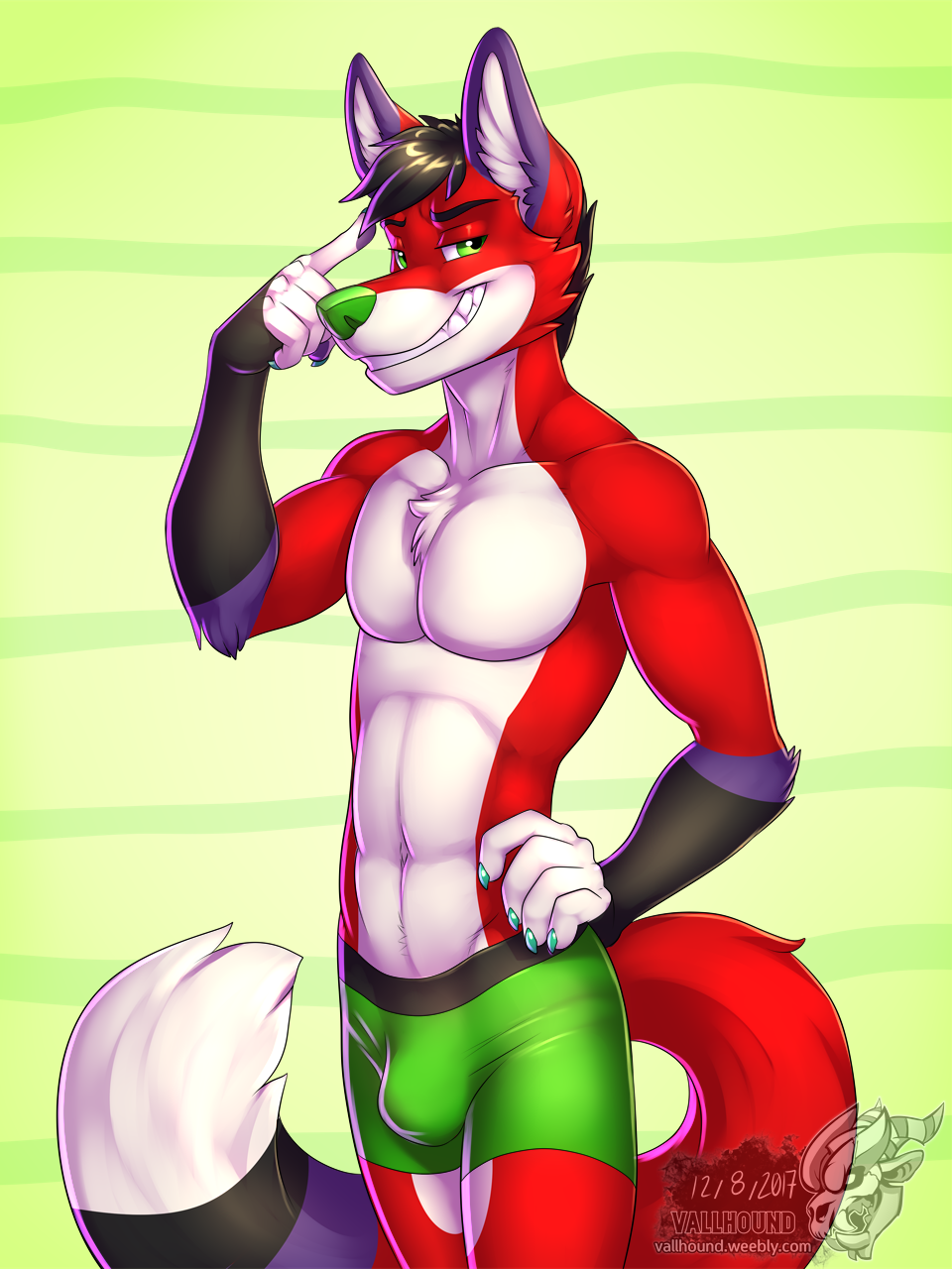 2018 anthro big_bulge bulge canine clothing digital_media_(artwork) fluffy fluffy_tail fox fur green_nose hair hi_res looking_at_viewer majira_strawberry male male/male mammal meme muscular muscular_male pecs pointing simple_background smile smirk solo teeth teeth_showing underwear vallhund water_balloon white_fur youtuber
