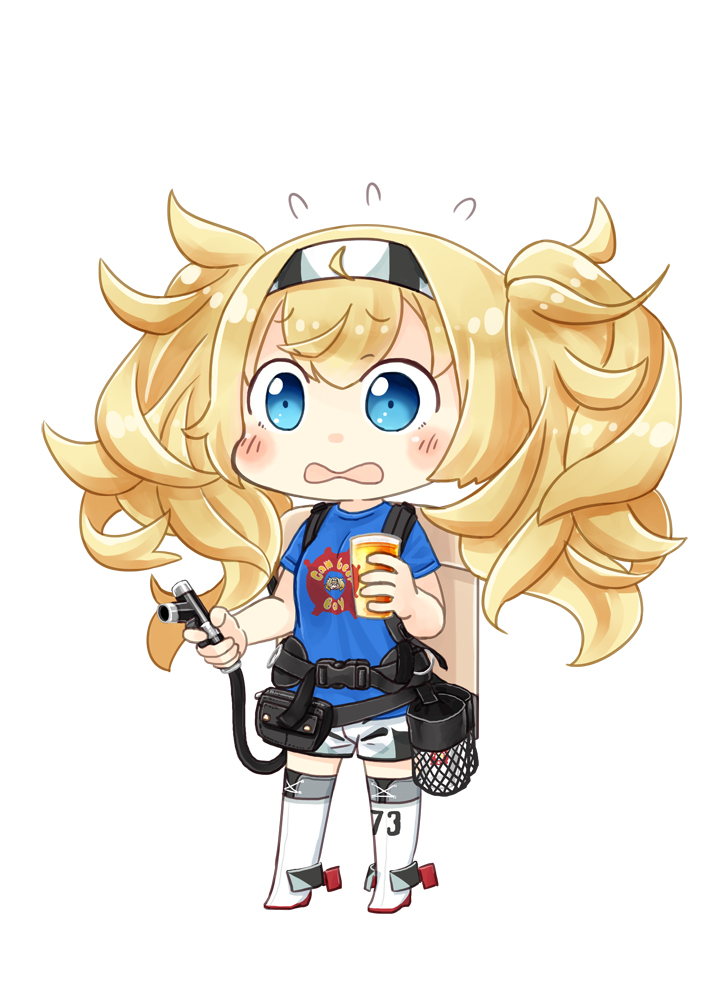alcohol alternate_costume beer beer_keg beer_tap blonde_hair blue_eyes blue_shirt boots commentary enemy_lifebuoy_(kantai_collection) gambier_bay_(kantai_collection) hair_between_eyes hairband hinata_yuu kantai_collection multicolored pun rudder shirt short_sleeves shorts solo t-shirt thigh_boots thighhighs twintails wavy_mouth