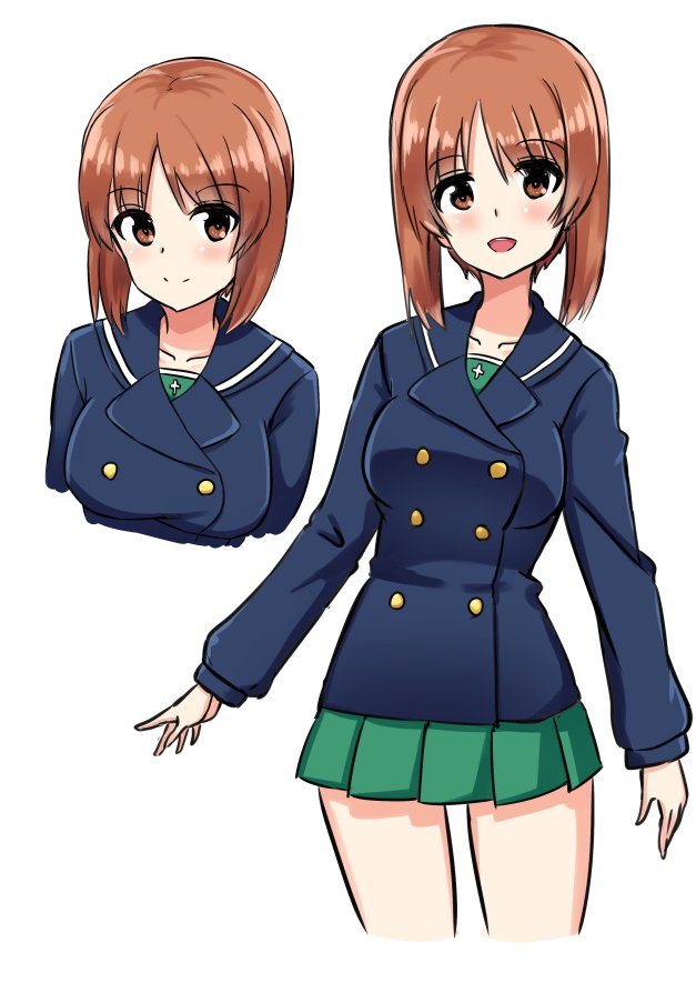 bangs blue_coat brown_eyes brown_hair closed_mouth commentary cowboy_shot cropped_legs cropped_torso eyebrows_visible_through_hair girls_und_panzer green_skirt hikyakuashibi looking_at_viewer miniskirt nishizumi_miho ooarai_school_uniform open_mouth pleated_skirt school_uniform short_hair simple_background skirt smile solo standing upper_body white_background winter_uniform