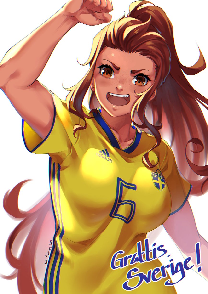 2018_fifa_world_cup adidas breasts brigitte_(overwatch) brown_eyes brown_hair commentary english_commentary freckles highres jersey long_hair looking_at_viewer lulu-chan92 medium_breasts open_mouth overwatch ponytail shirt sidelocks smile soccer soccer_uniform solo sportswear sweden swedish swedish_flag translated world_cup yellow_shirt