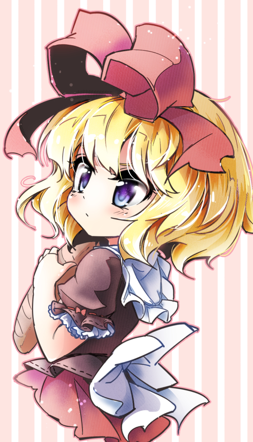 baguette blonde_hair blush bread capelet commentary_request fifiruu food frilled_sleeves frills holding holding_food looking_to_the_side medicine_melancholy medium_hair puffy_short_sleeves puffy_sleeves purple_eyes red_ribbon ribbon short_sleeves striped striped_background touhou white_ribbon
