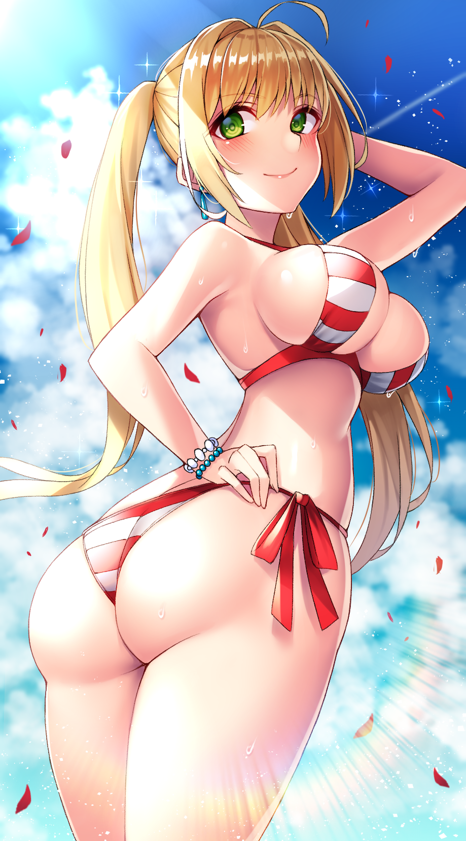 ahoge ass beeyan bikini blonde_hair blue_sky blush breasts cleavage cloud commentary cowboy_shot criss-cross_halter day earrings eyebrows_visible_through_hair fate/grand_order fate_(series) green_eyes hair_intakes halterneck hand_on_hip hand_on_own_head highres jewelry large_breasts long_hair looking_at_viewer nero_claudius_(fate)_(all) nero_claudius_(swimsuit_caster)_(fate) petals side-tie_bikini sky smile solo striped striped_bikini sunlight swimsuit thighs twintails twisted_torso wet
