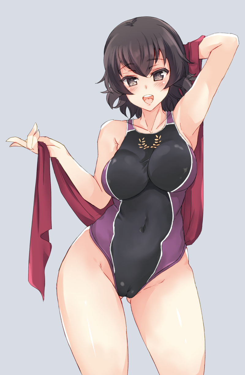 abenattou arm_behind_head ass_visible_through_thighs bangs black_swimsuit breasts brown_hair caesar_(girls_und_panzer) cameltoe commentary competition_swimsuit contrapposto covered_navel cowboy_shot eyebrows_visible_through_hair girls_und_panzer grey_background highleg highleg_swimsuit highres holding holding_towel laurels looking_at_viewer medium_breasts multicolored one-piece_swimsuit open_mouth red_towel short_hair simple_background smile solo standing swimsuit thighs towel