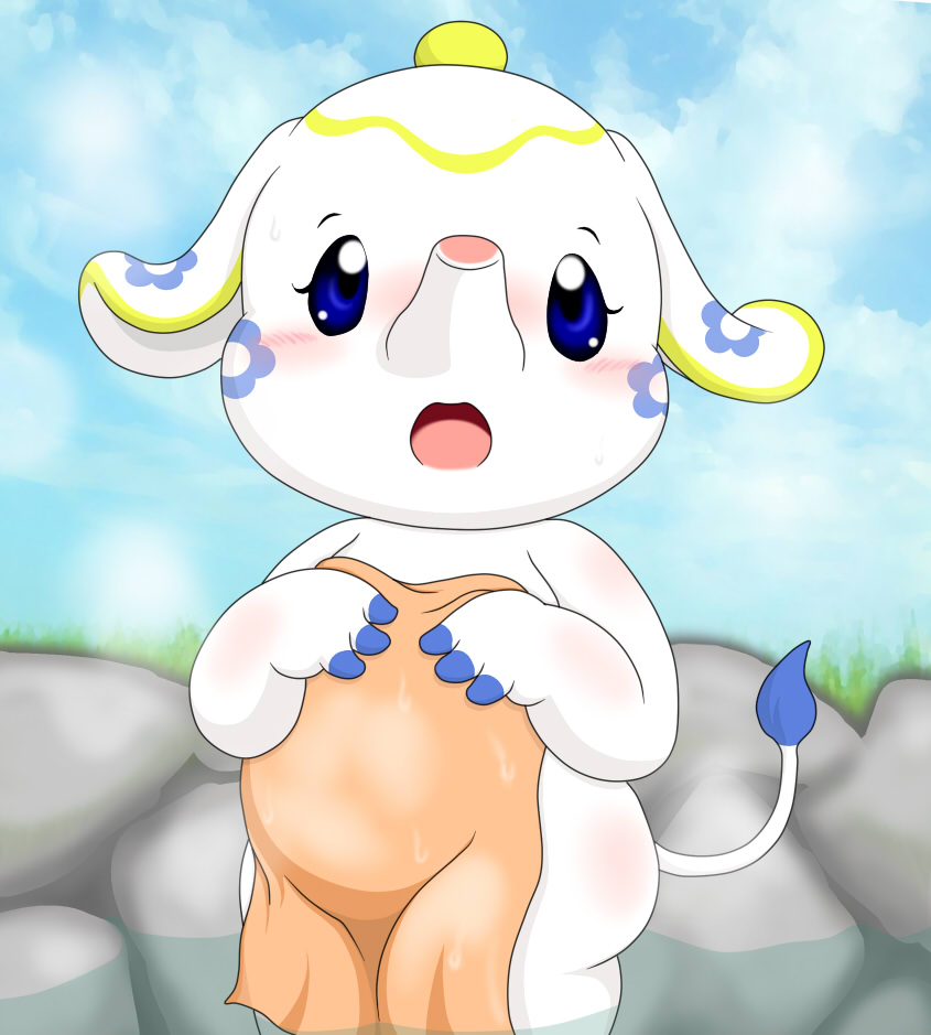 2015 3_fingers animal_crossing animate_inanimate anthro biped blue_eyes blue_hooves blue_markings blue_skin blue_tail blush cloud covering covering_self digital_drawing_(artwork) digital_media_(artwork) elephant embarrassed eyelashes female front_view half-length_portrait holding_object holding_towel hooved_fingers hot_spring japanese looking_at_viewer mammal markings multicolored_skin namako nintendo nude onsen open_mouth overweight overweight_female partially_submerged portrait proboscidean shadow shy sky solo standing steam surprise tail_tuft teapot tia_(animal_crossing) towel trunk tuft two_tone_tail video_games water wet white_skin white_tail wide_hips yellow_skin