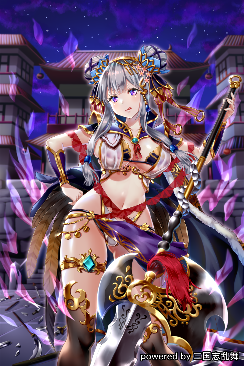 aura bangs black_legwear breasts broken broken_weapon character_request cleavage closed_mouth cloud cloudy_sky collarbone dark_aura double_bun eyebrows_visible_through_hair feathers flower glaive hair_flower hair_ornament hakuda_tofu halberd hand_up head_tilt highres holding holding_weapon large_breasts licking_lips long_hair looking_at_viewer night night_sky official_art outdoors pagoda pink_flower planted_sword planted_weapon polearm purple_eyes purple_sky revealing_clothes sangokushi_ranbu side_bun silver_hair sky smile solo stairs standing star_(sky) starry_sky stone_stairs stone_wall sword thigh_strap thighhighs tongue tongue_out wall watermark weapon wrist_guards