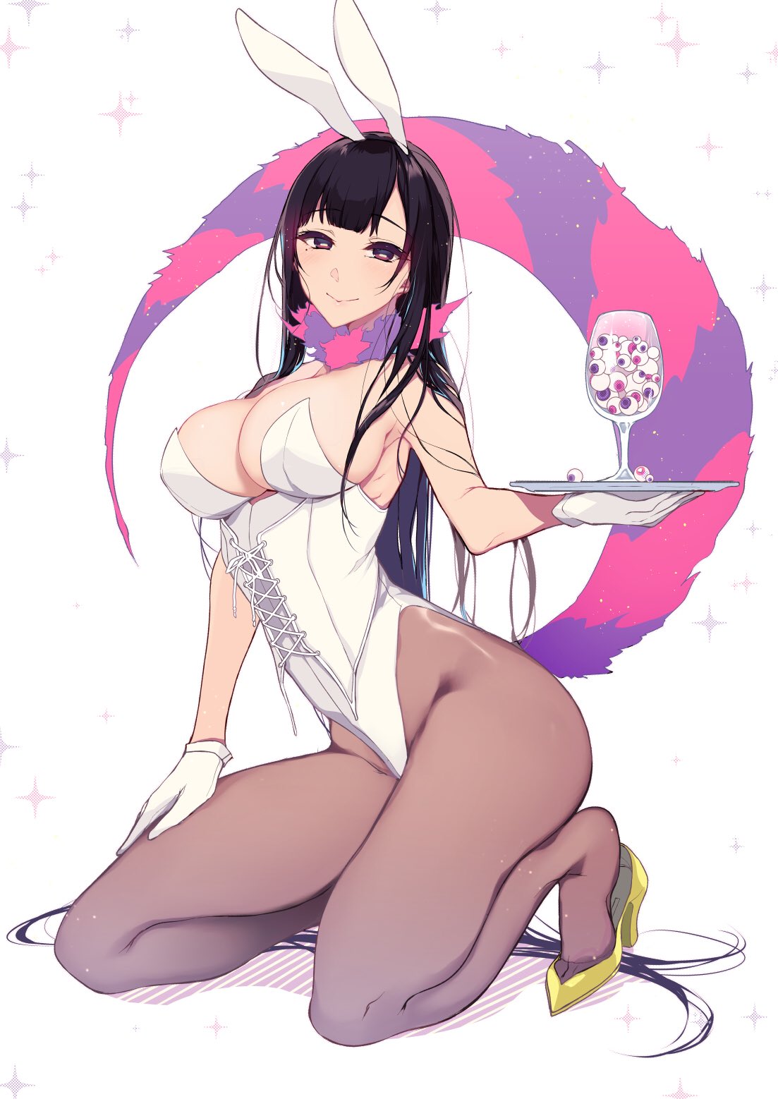 ane_naru_mono animal_ears armpits bangs bare_shoulders black_hair blush breasts brown_eyes brown_legwear bunny_ears bunny_girl bunnysuit chiyo_(ane_naru_mono) cleavage cup detached_collar drinking_glass eyeball eyebrows_visible_through_hair full_body fur_choker garters gloves groin hand_on_lap hand_up high_heels highleg highleg_leotard highres holding holding_tray kneeling large_breasts leotard long_hair looking_at_viewer mole mole_under_eye pantyhose pochi_(pochi-goya) purple_eyes smile solo strapless strapless_leotard tail tray very_long_hair white_background white_gloves white_leotard yellow_footwear