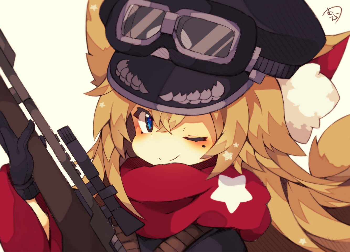 ;) animal_ear_fluff animal_ears bangs beige_background black_gloves black_hat blue_eyes blush cat_ears chibi closed_mouth commentary_request gloves goggles goggles_on_headwear gun hair_between_eyes hat holding holding_gun holding_weapon light_brown_hair long_hair looking_at_viewer mole mole_under_eye muuran one_eye_closed original peaked_cap red_scarf rifle scarf scope signature simple_background smile solo star star_in_eye star_print symbol_in_eye weapon