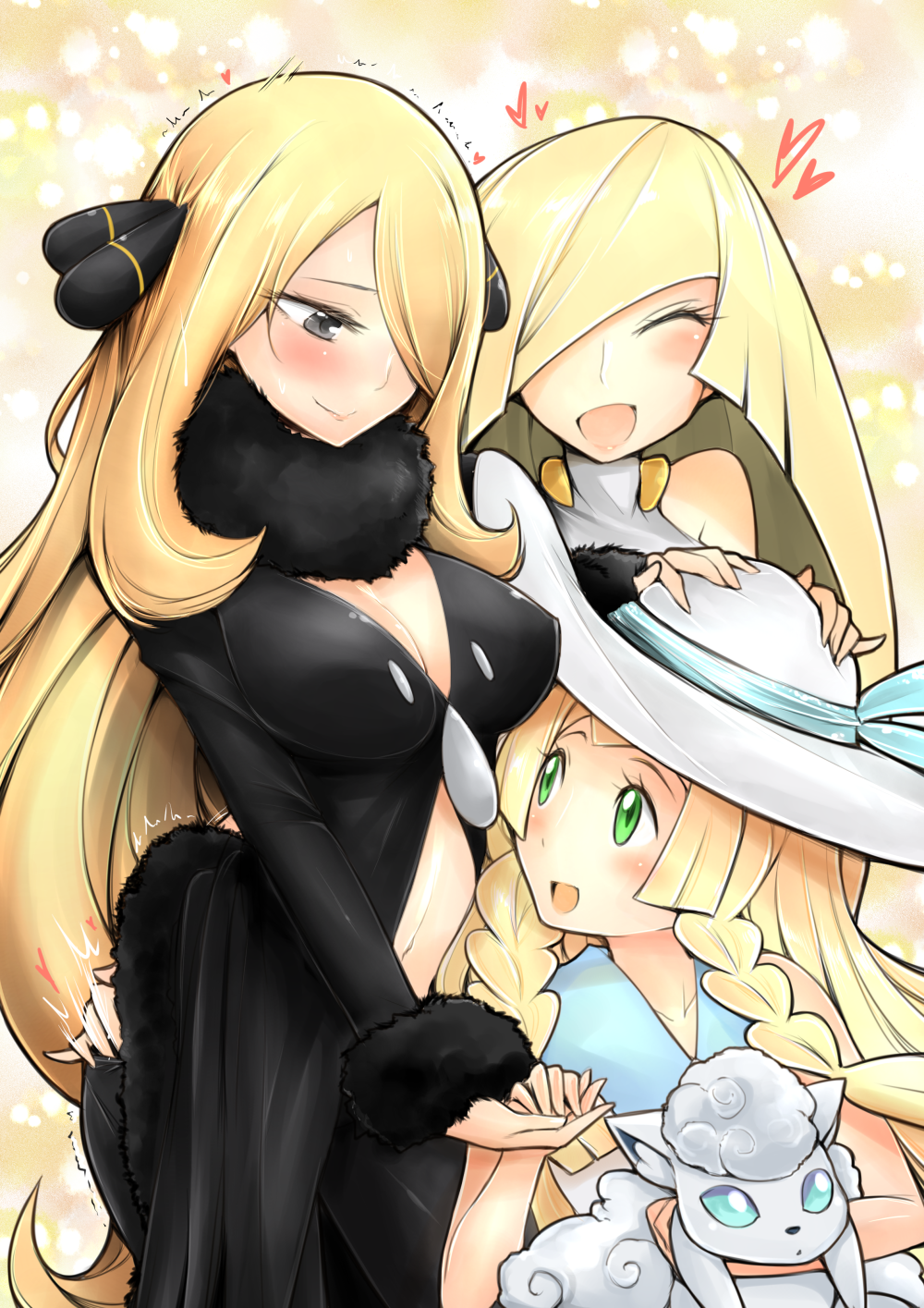alolan_vulpix ass_grab blonde_hair breasts cleavage commentary english_commentary fur_trim green_eyes hand_on_another's_head hat heart highres holding_hands lillie_(pokemon) long_hair looking_at_another lusamine_(pokemon) mother_and_daughter multiple_girls pokemon pokemon_(creature) pokemon_(game) pokemon_dppt pokemon_sm shirona_(pokemon) smile sun_hat very_long_hair vulpix yuri yuriwhale