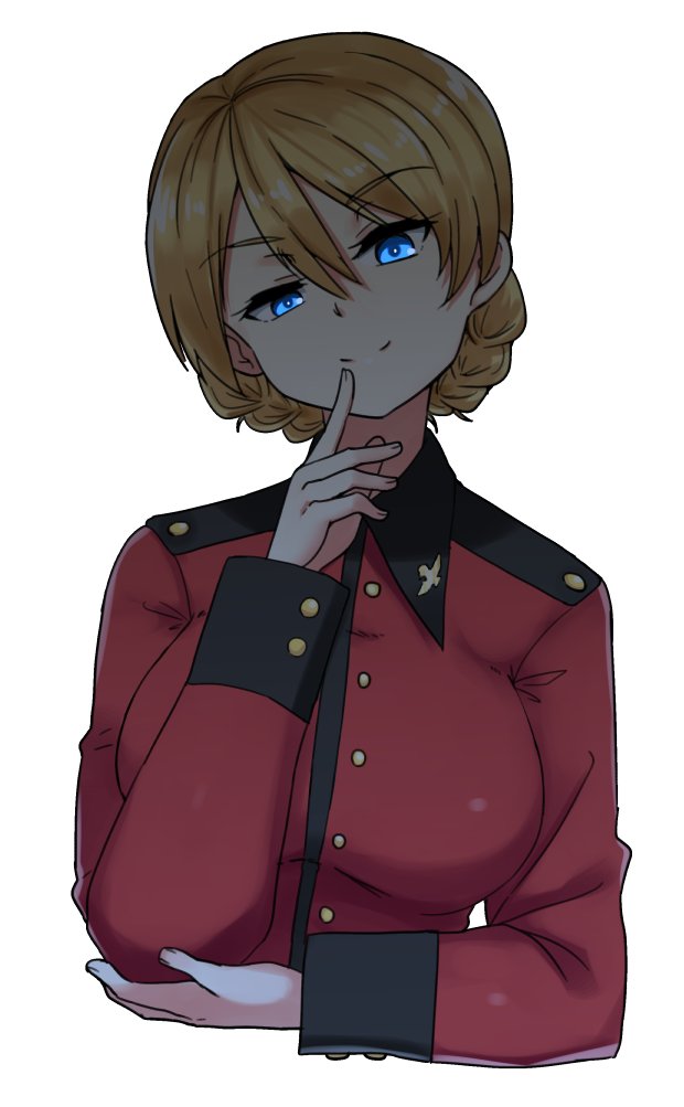 arm_grab backlighting bangs blonde_hair blue_eyes braid closed_mouth commentary cropped_torso darjeeling epaulettes finger_to_mouth girls_und_panzer glowing glowing_eyes half-closed_eyes head_tilt hikyakuashibi jacket long_sleeves looking_at_viewer military military_jacket military_uniform red_jacket shade short_hair simple_background smirk solo st._gloriana's_military_uniform tied_hair twin_braids uniform upper_body white_background