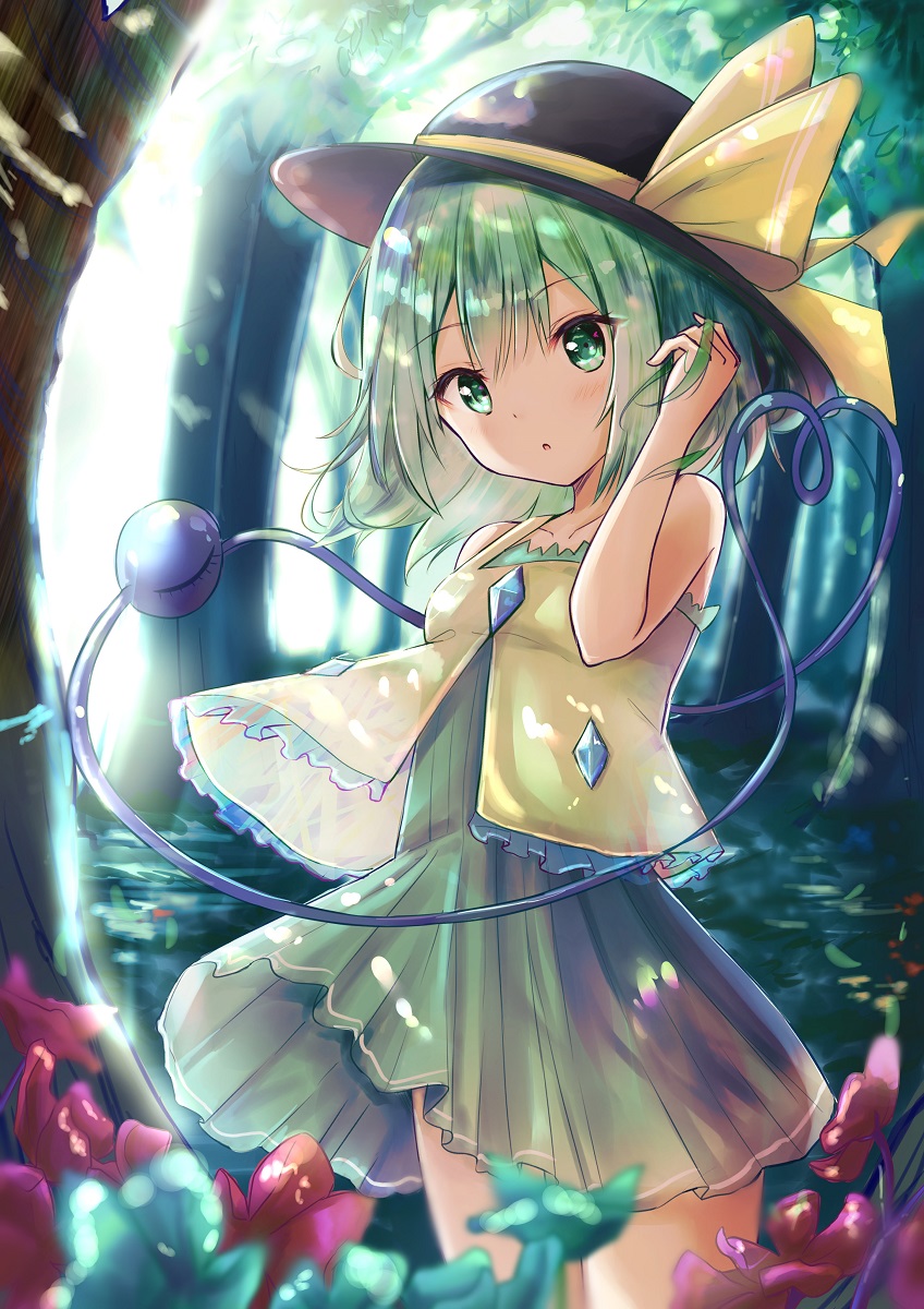 adapted_costume bare_arms bare_shoulders black_hat blush breasts collarbone commentary_request cowboy_shot dress eyebrows_visible_through_hair flower green_dress green_eyes green_hair hand_in_hair hand_up hat hat_ribbon head_tilt heart heart_of_string highres komeiji_koishi looking_at_viewer nature outdoors parted_lips red_flower renka_(cloudsaikou) ribbon short_hair small_breasts solo spaghetti_strap standing thighs third_eye touhou tree yellow_ribbon