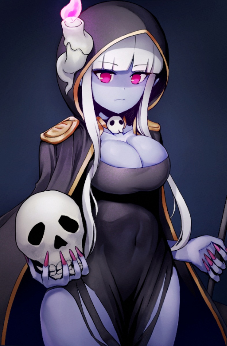 black_cape black_dress blue_background breasts candle cape cleavage closed_mouth collarbone commentary_request covered_navel dress dungeon_maker fingernails fire holding holding_skull hood hood_up hooded_cape large_breasts long_fingernails long_hair looking_at_viewer pale_skin pink_eyes rebecca_(dungeon_maker) silver_hair skull solo suzuki_puramo very_long_hair