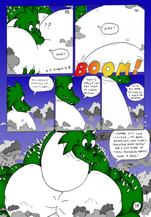 ! 2006 ? anthro blue_eyes claws comic dnapalmhead dragon english_text green_scales growth macro male muscular obese onomatopoeia overweight redsaber scales scalie smile sound_effects speech_bubble text traditional_media_(artwork)