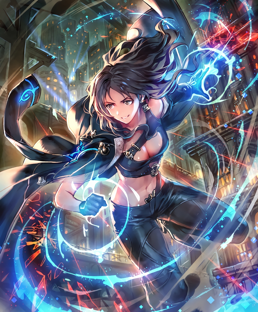 artist_request black_hair breasts brown_eyes cleavage clenched_hand cygames dei_secret_agent gloves glowing grin jacket jacket_on_shoulders leather leather_gloves leather_jacket leather_pants light_trail long_hair magic midriff navel official_art pants shadowverse smile solo