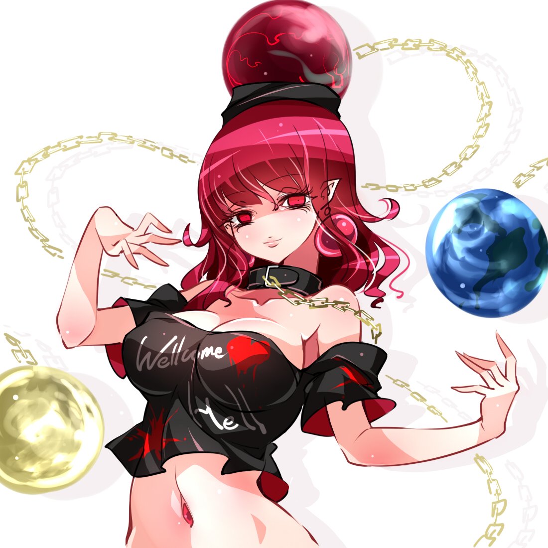 alternate_eye_color alternate_hair_color black_shirt breasts chain cleavage clothes_writing collar earth_(ornament) eyelashes gold_chain half-closed_eyes hand_up head_tilt hecatia_lapislazuli looking_at_viewer medium_breasts moon_(ornament) navel_piercing off-shoulder_shirt piercing pink_eyes pink_hair pink_lips pointy_ears raptor7 shadow shirt short_sleeves sideways_glance simple_background smile solo touhou upper_body white_background