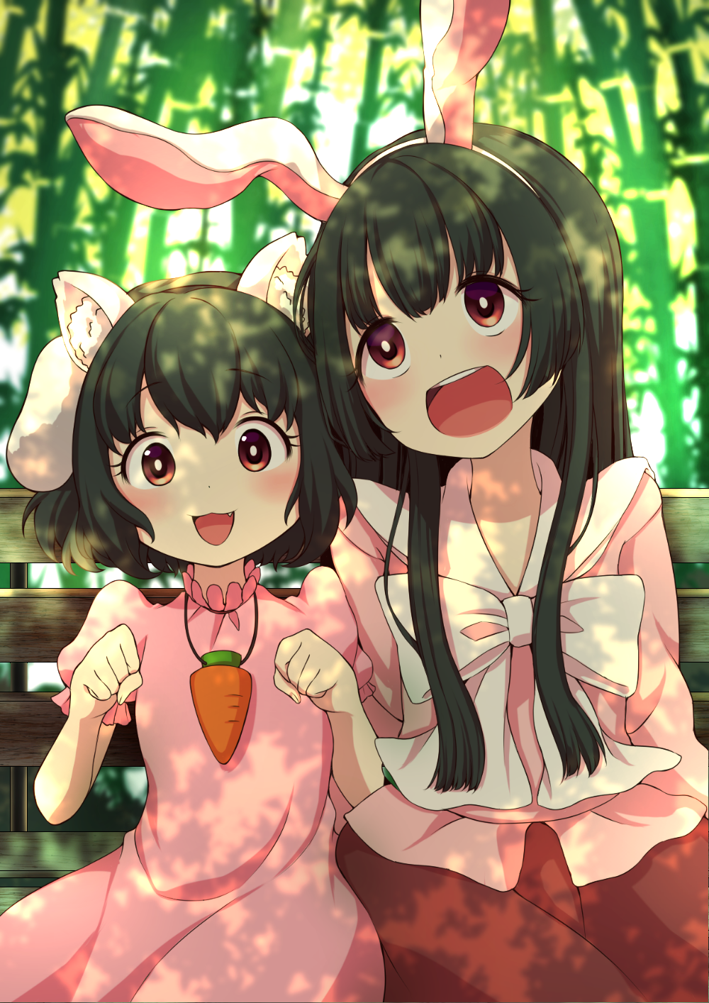 :3 :d animal_ears arms_at_sides bamboo bamboo_forest bangs bench black_hair blouse blurry bow bunny_ears carrot_necklace cat_ears commentary_request dappled_sunlight day depth_of_field dress eyebrows_visible_through_hair fake_animal_ears fang forest highres hime_cut houraisan_kaguya inaba_tewi japanese_clothes long_hair looking_up multiple_girls nature open_mouth outdoors paw_pose pink_blouse pink_dress puffy_short_sleeves puffy_sleeves red_eyes red_skirt short_hair short_sleeves side-by-side sidelocks sitting skirt smile sunlight touhou tsukimirin upper_body white_bow