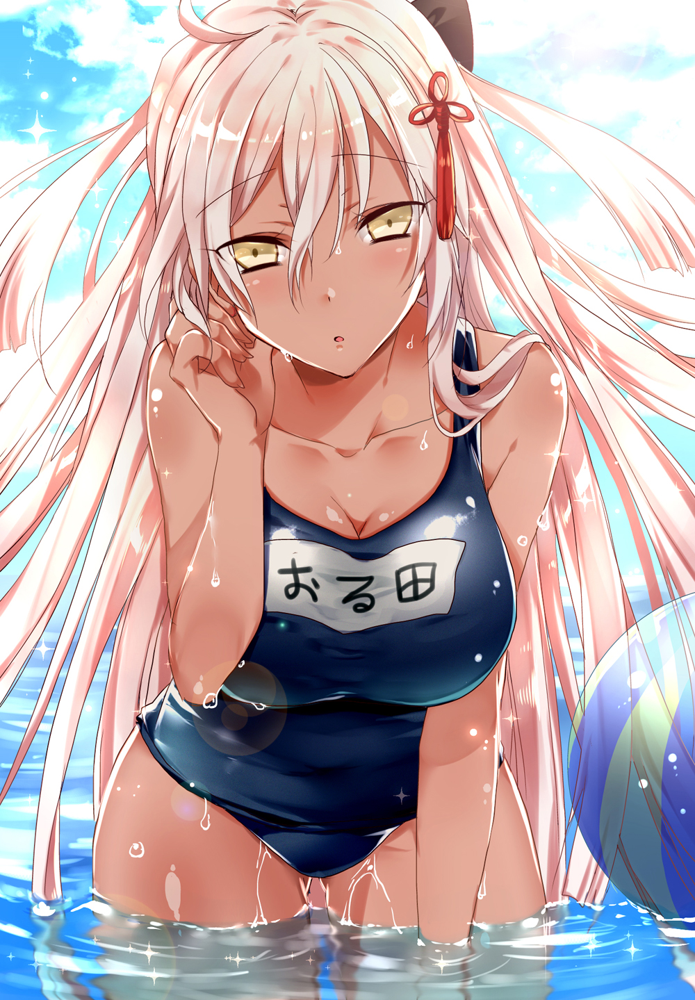 alternate_costume ass_visible_through_thighs bare_shoulders blue_swimsuit blush breasts cleavage collarbone commentary_request contemporary dark_skin eyebrows_visible_through_hair fate/grand_order fate_(series) hair_between_eyes hair_flip highres large_breasts leaning_forward long_hair looking_at_viewer name_tag okita_souji_(alter)_(fate) okita_souji_(fate)_(all) one-piece_swimsuit open_mouth raimu_(yuzu-raimu) school_swimsuit solo standing swimsuit thighs very_long_hair wading water wet white_hair yellow_eyes