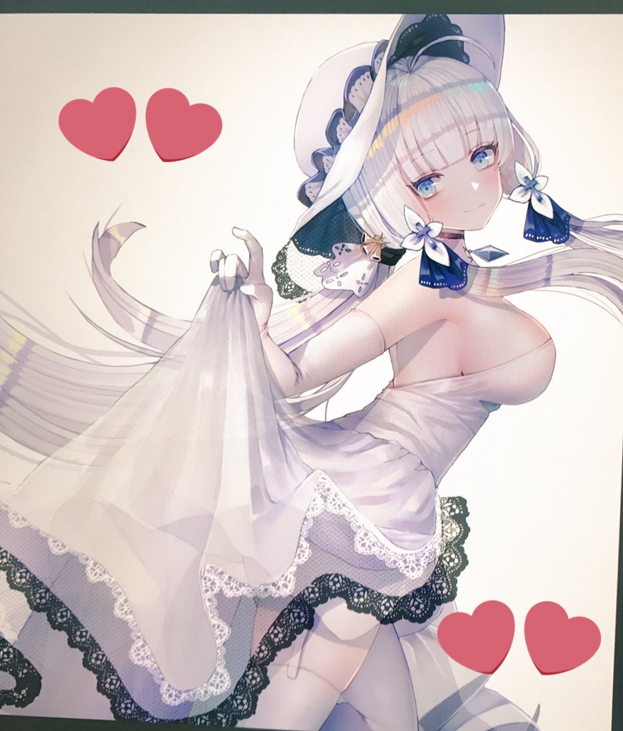 anchor_symbol armlet azur_lane bad_id bad_twitter_id bangs blue_eyes blunt_bangs blush breasts choker cowboy_shot dress elbow_gloves eyebrows_visible_through_hair from_side garter_straps gloves hair_ornament hair_ribbon hanato_(seonoaiko) hat head_tilt heart illustrious_(azur_lane) jewelry lace-trimmed_hat large_breasts long_hair looking_at_viewer low_ponytail mole mole_under_eye parted_lips pendant ponytail ribbon sapphire_(stone) see-through sidelocks skirt_hold solo thighhighs tress_ribbon white_dress white_gloves white_hair white_hat
