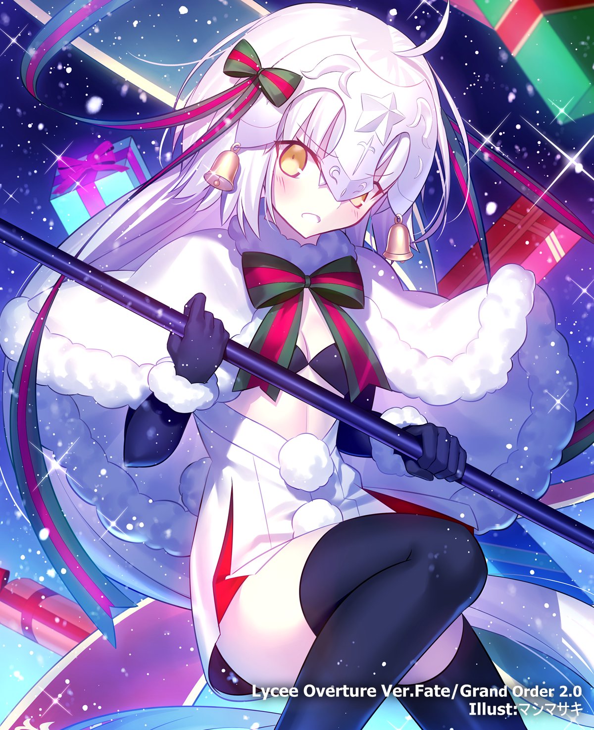 :o ahoge bell black_bikini_top black_gloves black_legwear blush bow capelet dress elbow_gloves fate/grand_order fate_(series) fur-trimmed_capelet fur_trim gift gloves green_bow green_ribbon headpiece highres holding holding_weapon jeanne_d'arc_(fate)_(all) jeanne_d'arc_alter_santa_lily looking_at_viewer ribbon shinooji snowing solo striped striped_bow striped_ribbon thighhighs weapon white_capelet yellow_eyes