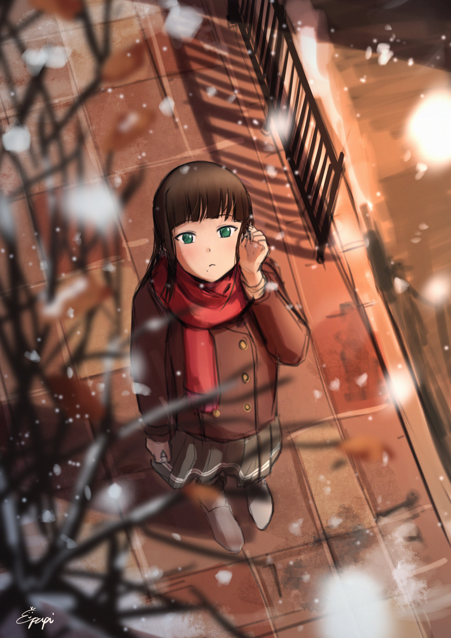 aqua_eyes bangs black_hair blunt_bangs coat hand_in_hair highres kurosawa_dia long_hair looking_at_viewer looking_up love_live! love_live!_sunshine!! mole mole_under_mouth outdoors pantyhose papi_(papiron100) pleated_skirt railing red_scarf scarf shoes sidelocks signature sketch skirt snow solo standing tree