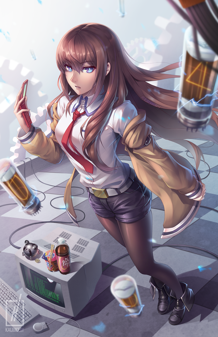 black_legwear blue_eyes boots brown_hair cellphone commentary_request computer dr_pepper dress_shirt eyebrows_visible_through_hair gears hair_between_eyes jacket kaijuicery keyboard legwear_under_shorts long_hair looking_at_viewer makise_kurisu monitor mouse_(computer) necktie pantyhose parted_lips phone red_neckwear shirt shorts steins;gate tile_floor tiles