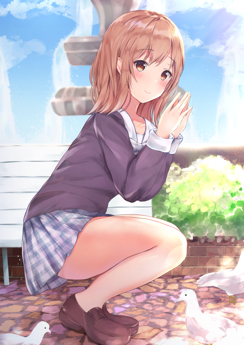 bangs bench bird black_shirt blue_sky blush bow bowtie brown_eyes brown_footwear closed_mouth cloud commentary day eyebrows_visible_through_hair fingers_together fountain full_body hands_up highres houraku idolmaster idolmaster_shiny_colors light_brown_hair loafers looking_at_viewer looking_to_the_side no_socks outdoors park_bench plaid plaid_neckwear plaid_skirt pleated_skirt sakuragi_mano shirt shoes skirt sky smile solo squatting water white_neckwear white_skirt