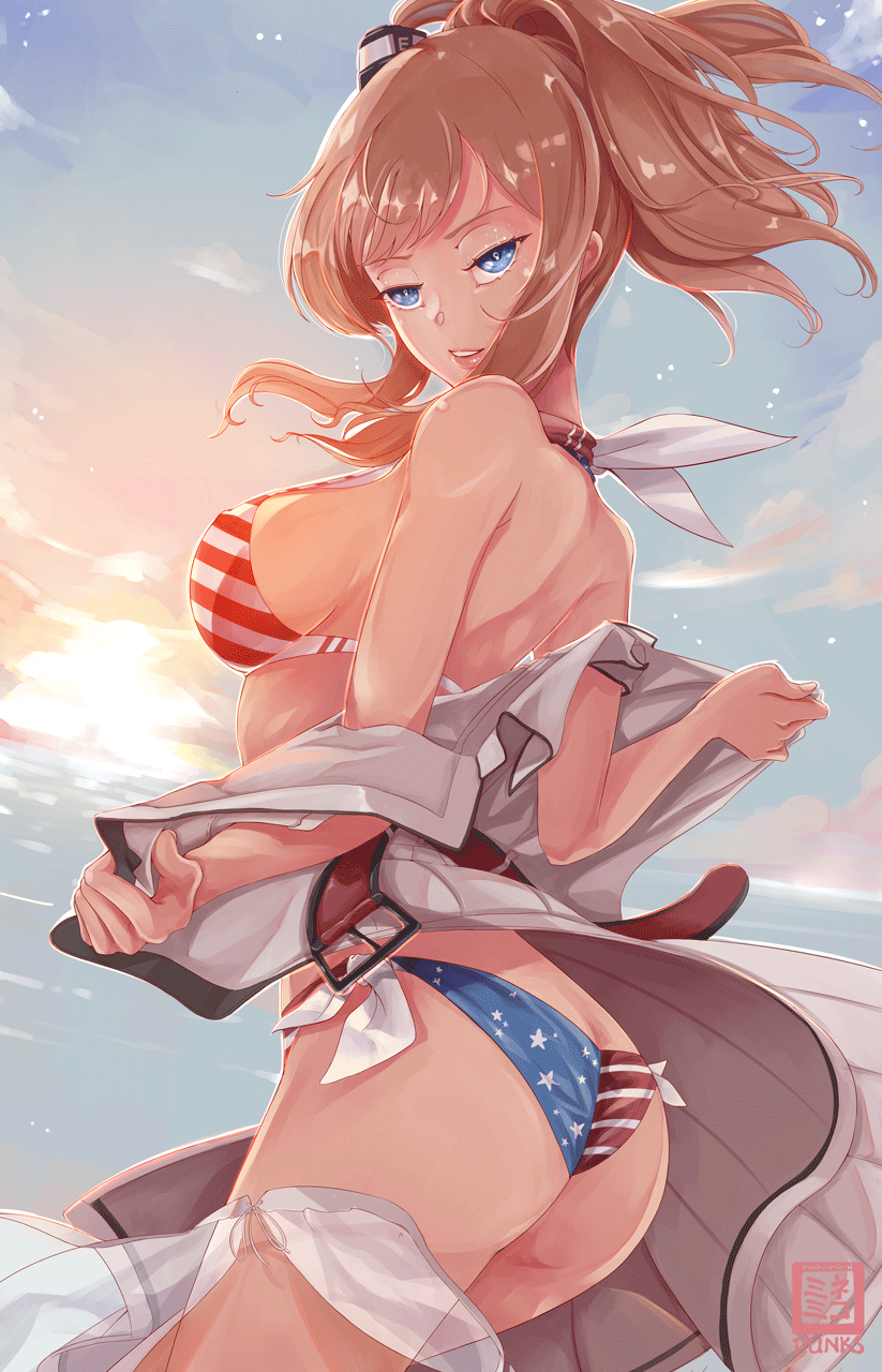 american_flag american_flag_bikini ass belt bikini blue_eyes brown_hair cloud cowboy_shot dress flag_print from_behind gradient_sky hair_between_eyes highres kantai_collection looking_at_viewer looking_back neckerchief nekomimipunks open_clothes outdoors ponytail red_belt saratoga_(kantai_collection) side-tie_bikini side_ponytail sidelocks sky solo sunrise swimsuit swimsuit_under_clothes undressing white_dress white_neckwear
