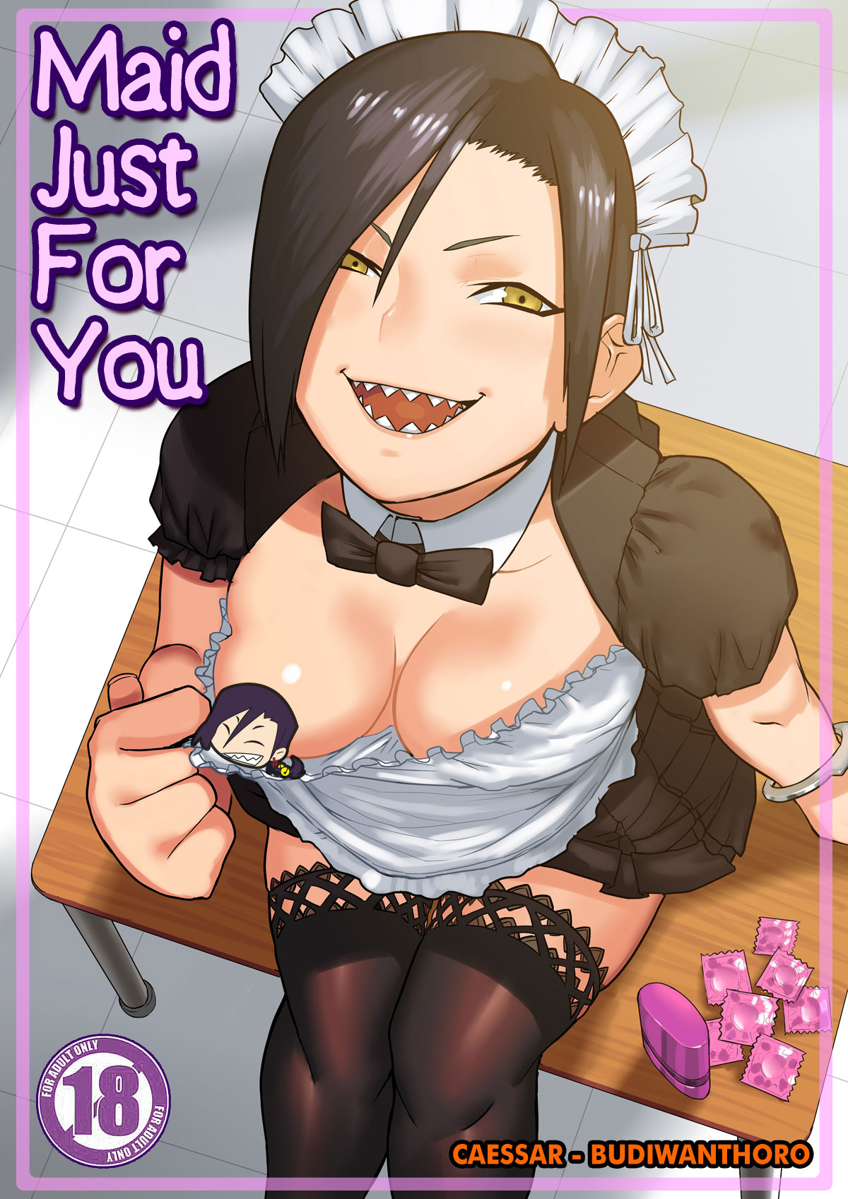alternate_costume apron black_hair black_legwear bow bowtie braid breast_slip breasts budiwanthoro censored character_censor chikujouin_magane classroom cleavage condom condom_wrapper cover cover_page desk detached_collar doujin_cover english enmaided from_above highres large_breasts long_hair looking_at_viewer looking_up maid maid_headdress novelty_censor on_desk open_mouth pun re:creators school_desk sharp_teeth single_braid sitting sitting_on_desk smile solo teeth thighhighs yellow_eyes