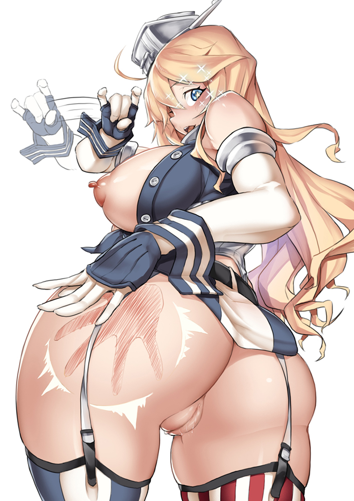 10s 1girl american_flag_legwear ass bare_shoulders belt blonde_hair blue_eyes breasts cation elbow_gloves from_behind garter_straps gloves headgear huge_ass iowa_(kantai_collection) kantai_collection large_breasts long_hair looking_at_viewer looking_back miniskirt nipples pussy pussy_juice sexually_suggestive skirt slapping solo spanked spanking sparkling_eyes star star-shaped_pupils symbol-shaped_pupils thighhighs uncensored
