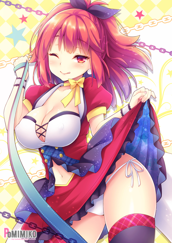artist_name black_legwear blue_ribbon breasts chain cleavage copyright_request cover cover_page covered_nipples earrings hair_ribbon hand_up idol jewelry large_breasts lifted_by_self navel navel_cutout novel_cover novel_illustration official_art one_eye_closed panties pomimiko puffy_sleeves red_eyes red_hair ribbon side-tie_panties skirt skirt_lift smile standing thighhighs underwear white_panties wristband