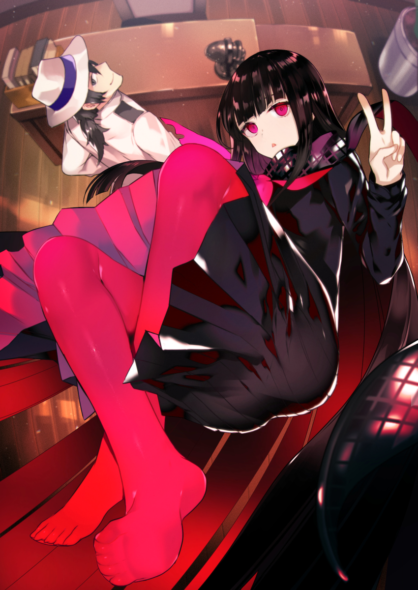 1girl ass bangs banned_artist black_hair black_scarf black_serafuku black_shirt black_skirt closed_mouth commentary_request desk fate/grand_order fate_(series) feet grey_eyes hand_up hat highres indoors jacket long_hair long_sleeves looking_at_viewer multicolored_hair neckerchief no_shoes oryou_(fate) pantyhose parted_lips pink_eyes plant pleated_skirt potted_plant red_hair red_legwear red_neckwear sakamoto_ryouma_(fate) scarf school_uniform serafuku shirt skirt smile soles table tetsubuta torn_clothes torn_neckerchief torn_skirt two-tone_hair upside-down v very_long_hair white_hat white_jacket wooden_floor