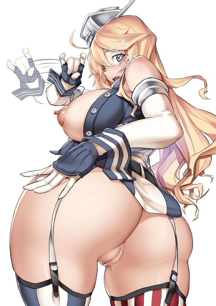 10s 1girl american_flag_legwear areolae ass bare_shoulders belt blonde_hair blue_eyes blush breasts cation curvy elbow_gloves from_behind garter_straps gloves headgear iowa_(kantai_collection) kantai_collection large_breasts long_hair looking_at_viewer looking_back miniskirt nipples open_mouth puffy_nipples pussy sexually_suggestive skirt slapping solo sparkling_eyes star star-shaped_pupils striped striped_legwear symbol-shaped_pupils thighhighs uncensored vertical-striped_legwear vertical-striped_skirt vertical_stripes wide_hips