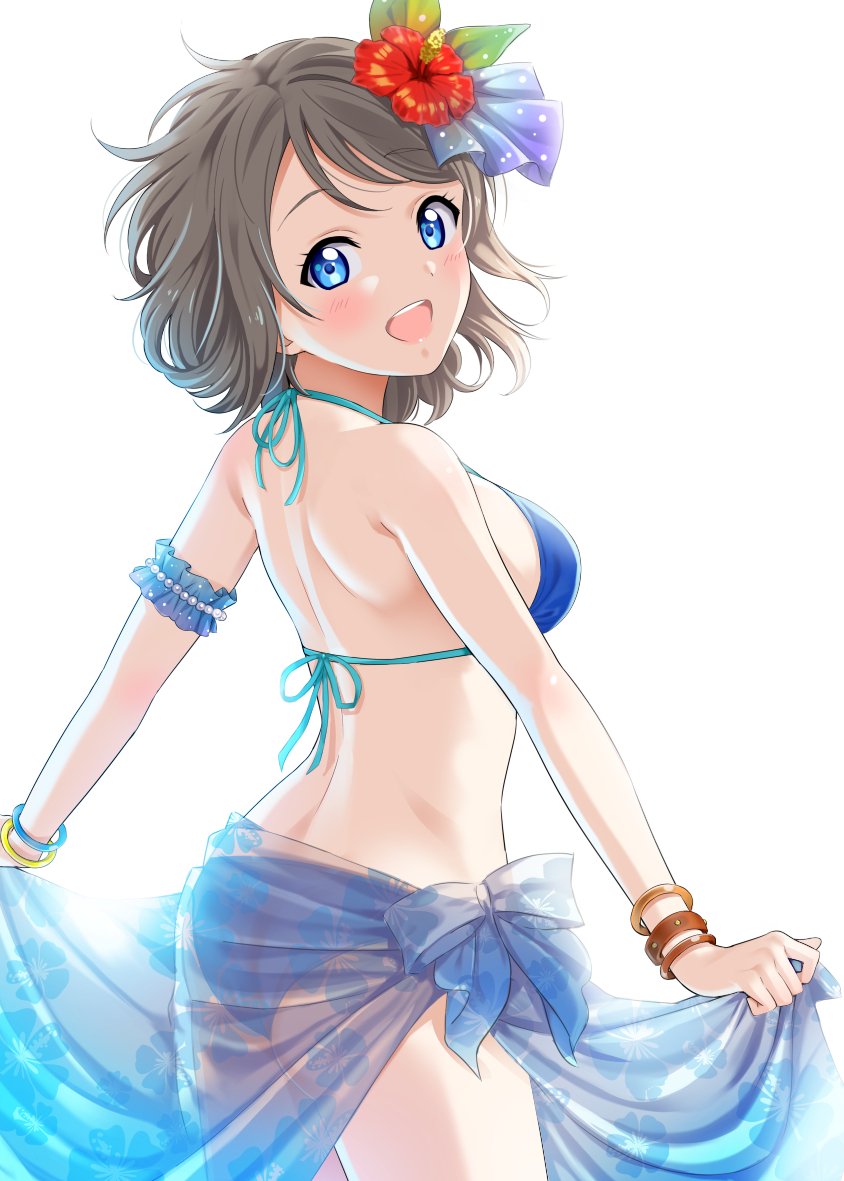 arm_garter ass bare_shoulders bikini blue_bikini blue_eyes blush bow breasts brown_hair commentary_request cowboy_shot eyebrows_visible_through_hair floral_print from_behind hair_bow looking_at_viewer looking_back love_live! love_live!_sunshine!! medium_breasts open_mouth print_sarong rozen5 sarong sarong_lift see-through short_hair sideboob simple_background solo standing swimsuit watanabe_you white_background