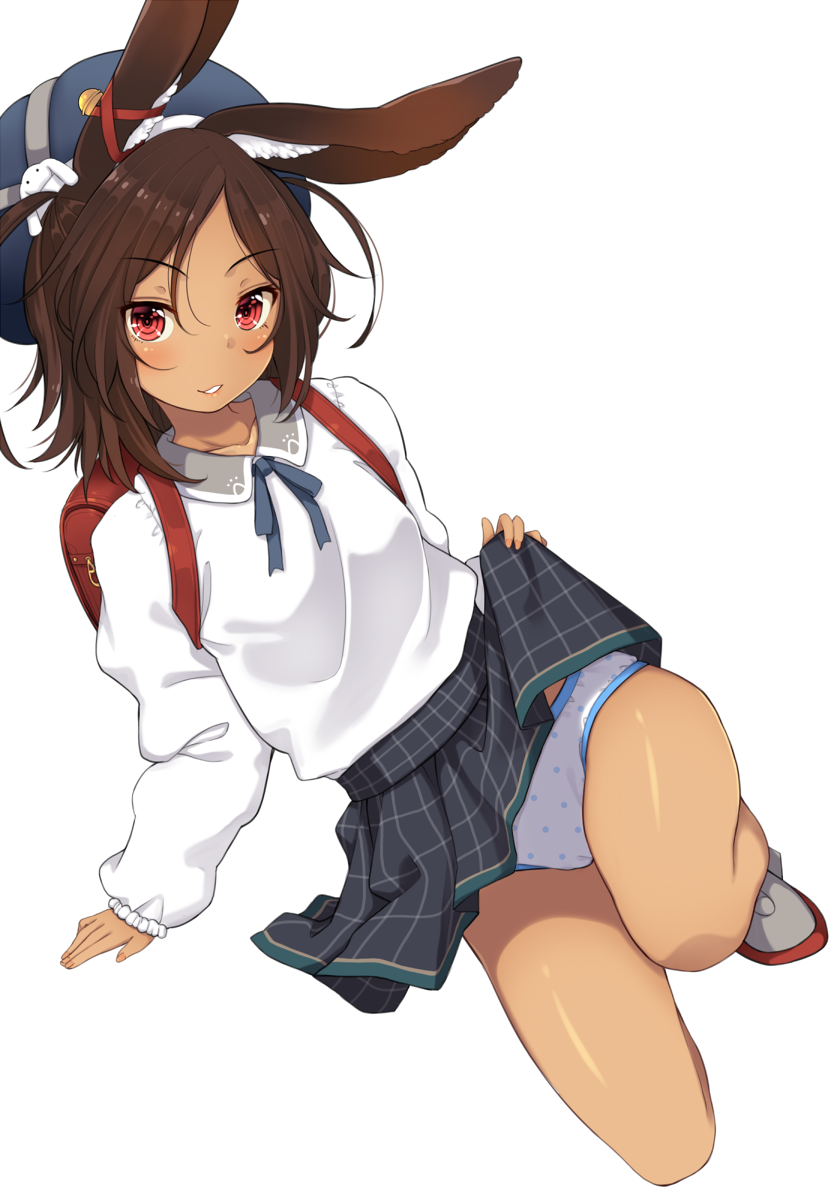 animal_ears arm_support azur_lane backpack bag bangs bare_legs bell black_skirt blouse blue_hat bow brown_hair bunny_ears cameltoe collarbone dark_skin dutch_angle ear_ribbon from_above grey_footwear hair_between_eyes hat highres i-26_(azur_lane) jingle_bell kiyomin lifted_by_self long_hair long_sleeves looking_at_viewer neck_ribbon panties parted_bangs parted_lips plaid plaid_skirt polka_dot polka_dot_panties puffy_long_sleeves puffy_sleeves randoseru red_eyes red_ribbon ribbon school_uniform shoes skirt skirt_lift sleeves_past_wrists smile solo underwear white_blouse white_panties