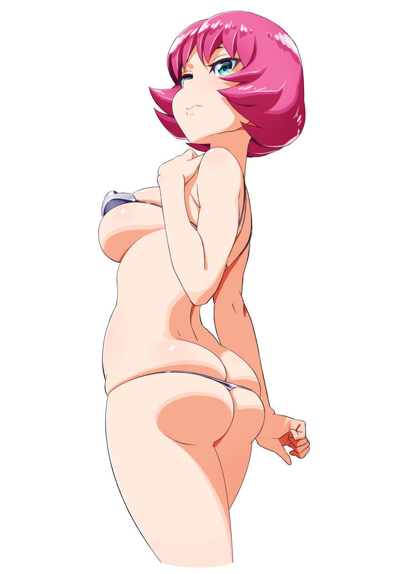 1girl ass bikini breasts butt_crack embarrassed ha_ku_ronofu_jin humiliation nipple omake original pink_hair skirt small_clothing too_small